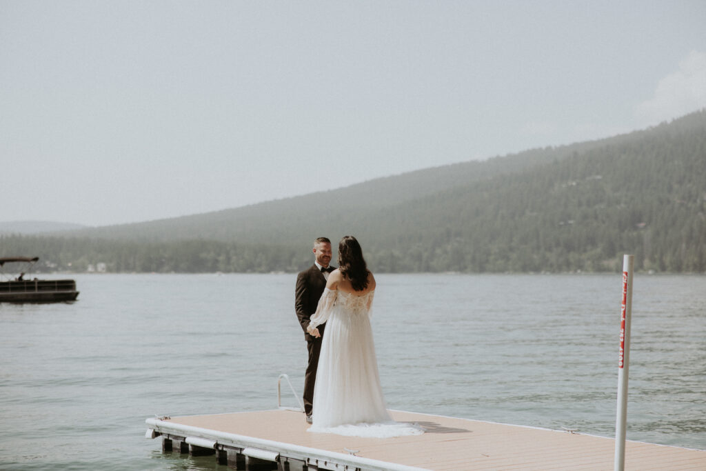 Cute portrait of the bride and groom at their first look