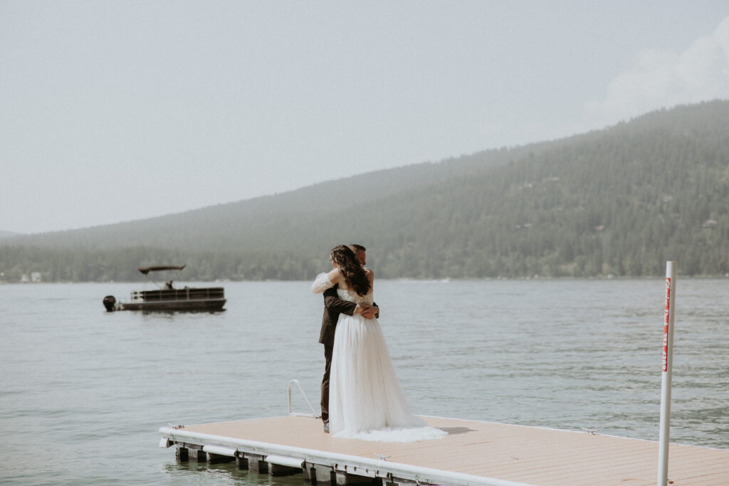 Bride and groom, hugging after their first look