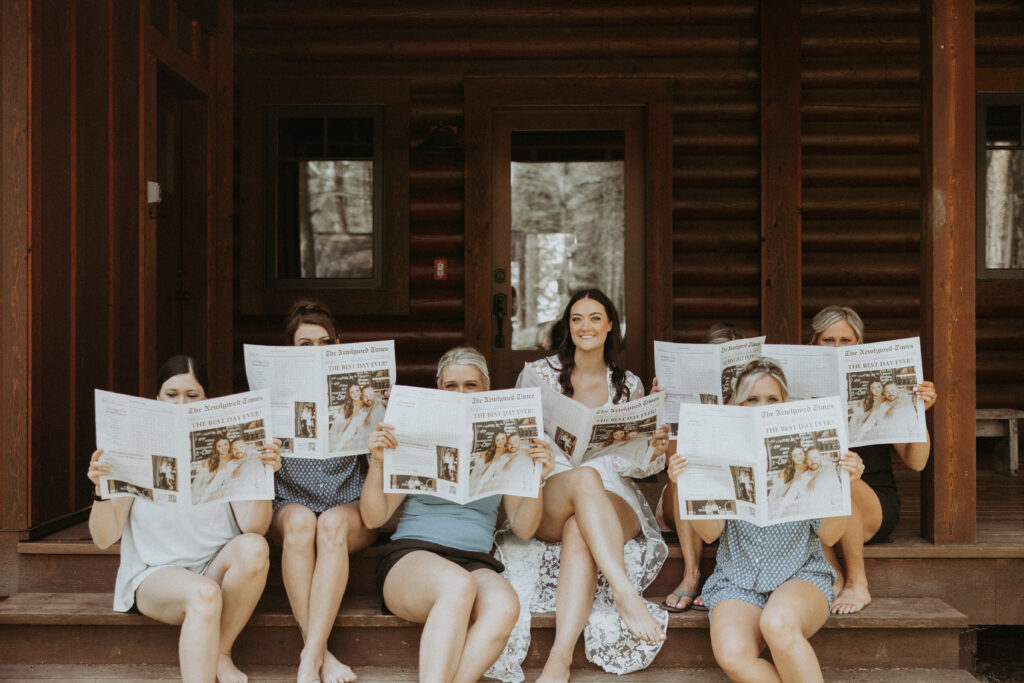 Bride and her friends getting ready for the intimate backyard wedding