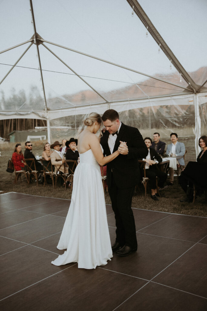Newly married couple first dance at their reception party