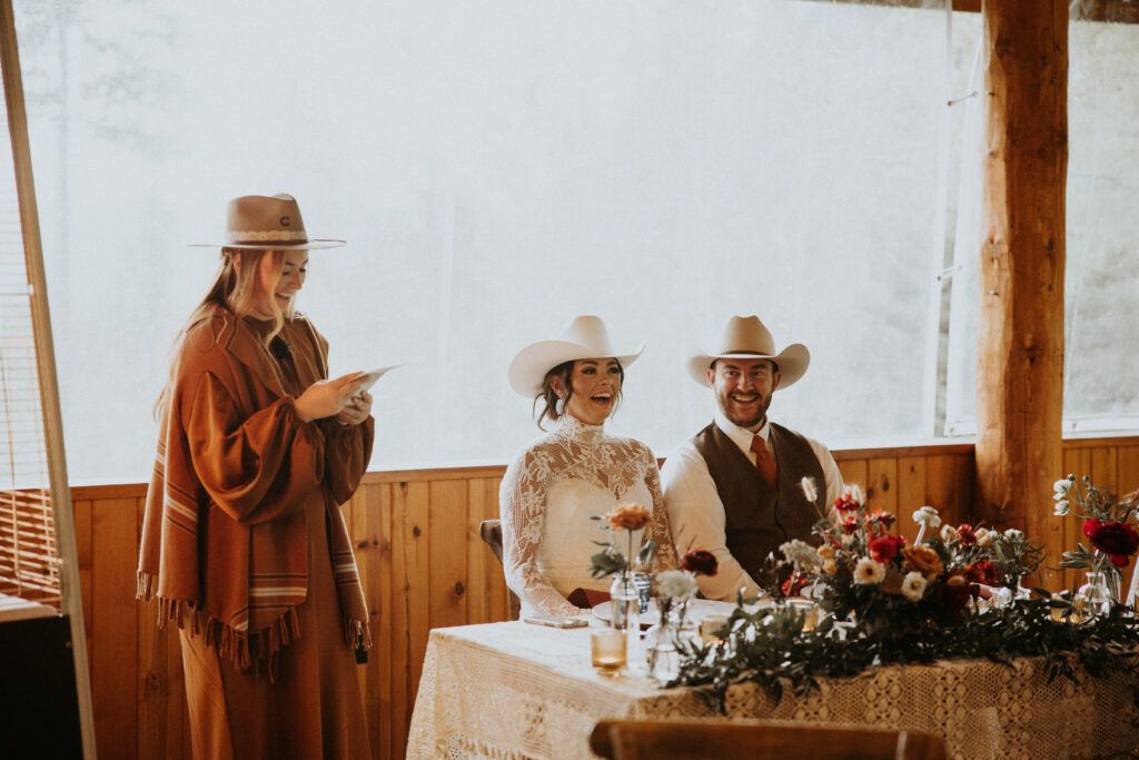 happy couple at their montana wedding reception