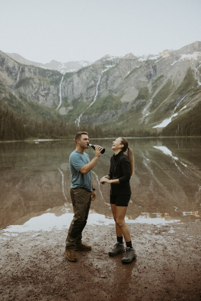 couple at their adventurous glacier park proposal