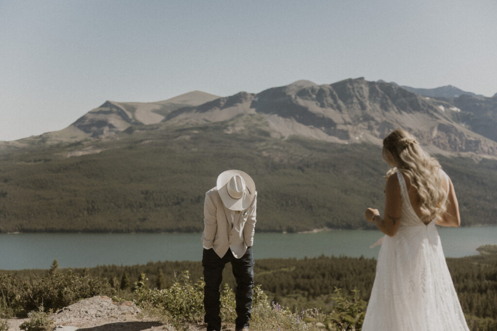 Groom emotional, seeing the bride in her wedding dress