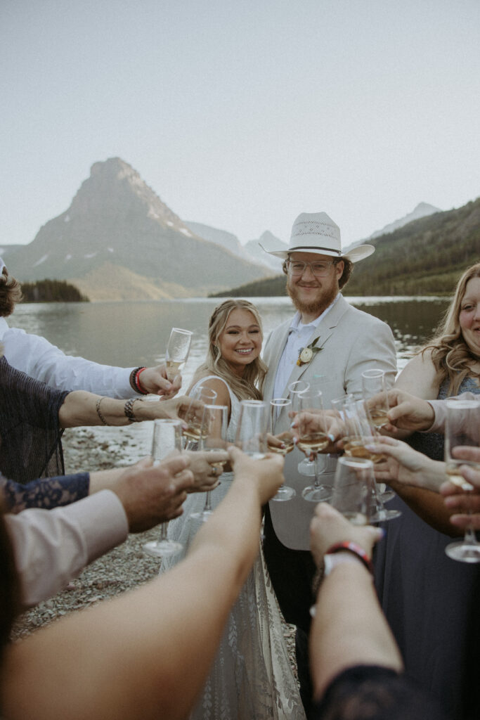 Newlyweds celebrating with their friends