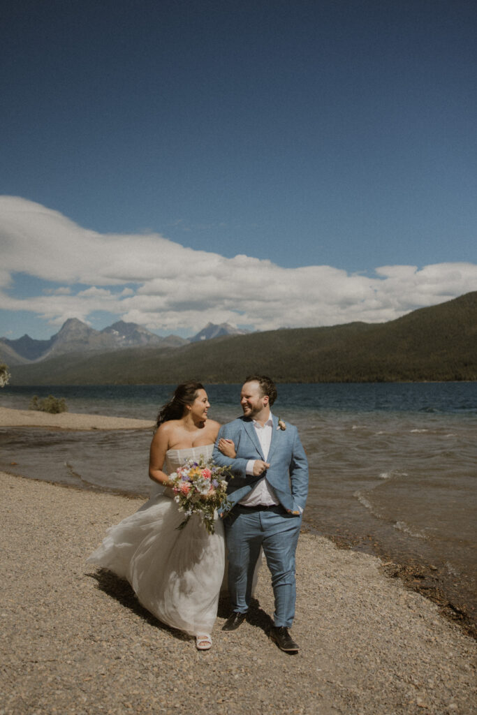 Bride and groom, laughing with each other