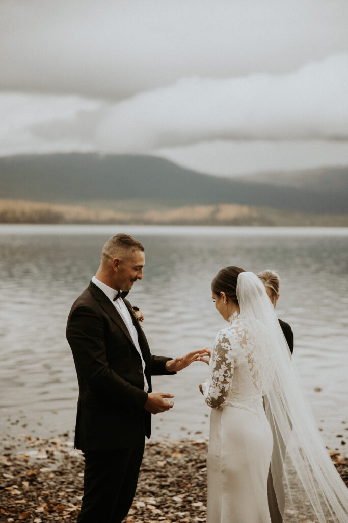 bride and groom at their adventurous elopement in glacier