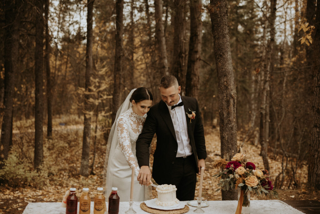 Portrait of the newlyweds cutting their wedding cake
