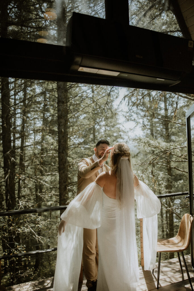 Groom, emotional, seeing the bride in her wedding dress