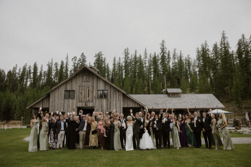 picture of the newlyweds and their wedding guests