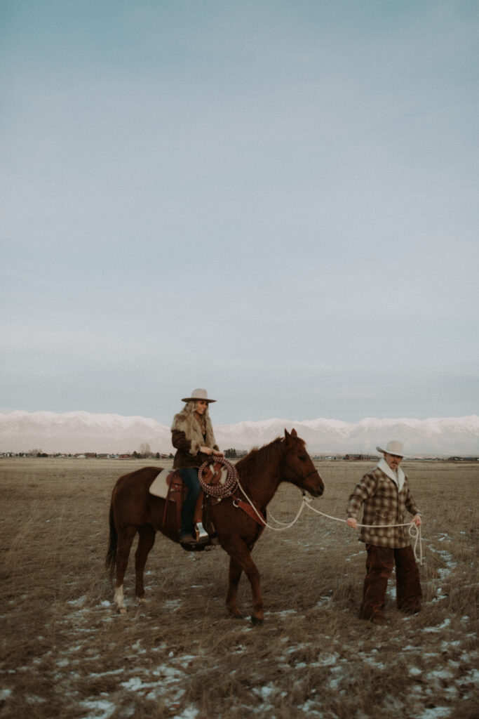 happy couple at their western inspired engagement photos