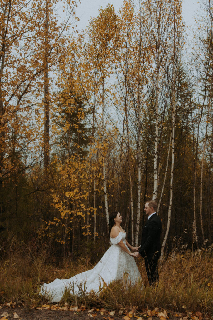 Portrait of the newly married couple, laughing with each other